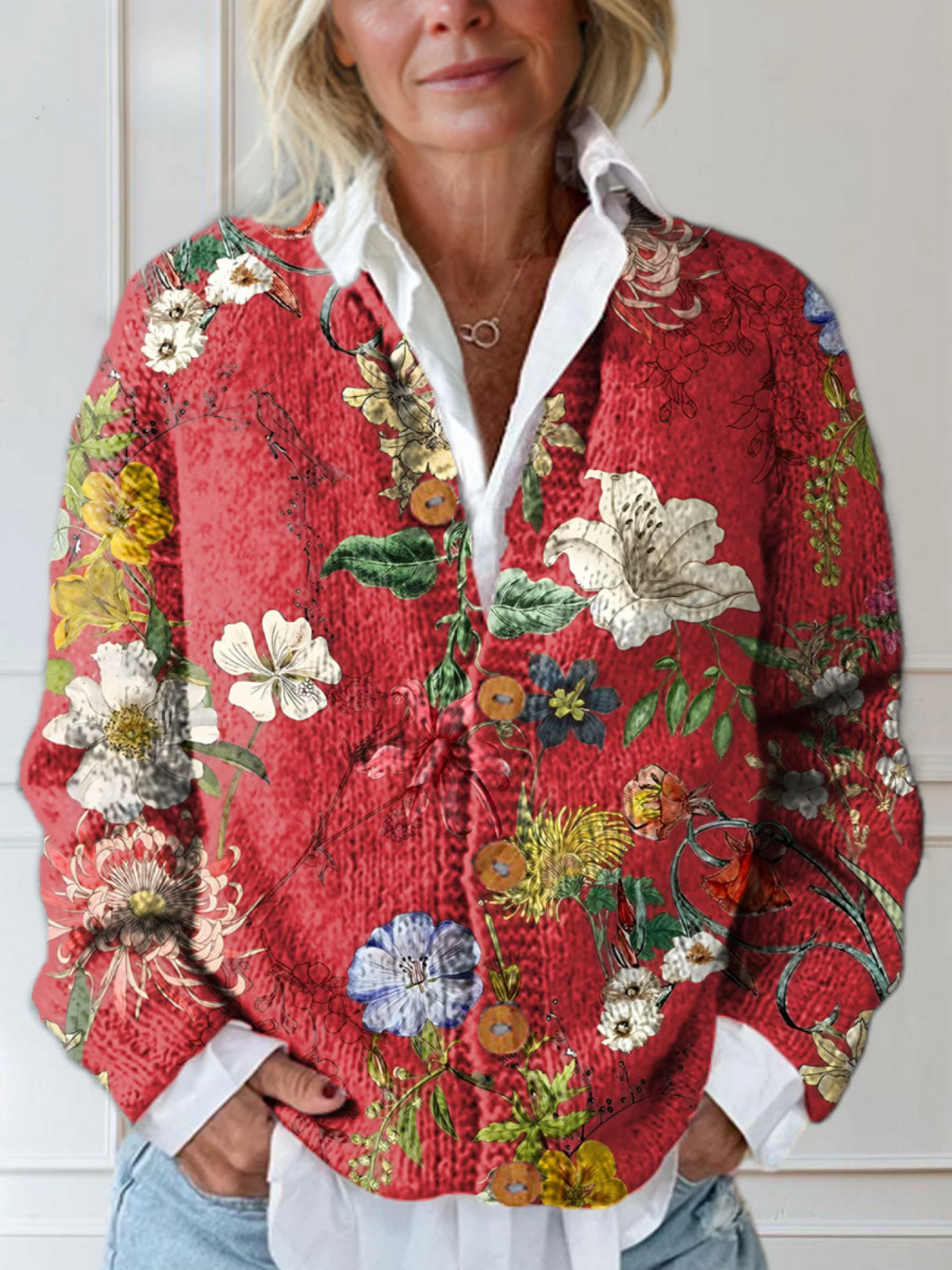 Eviana – Kardigan dzianinowy w kwiaty vintage