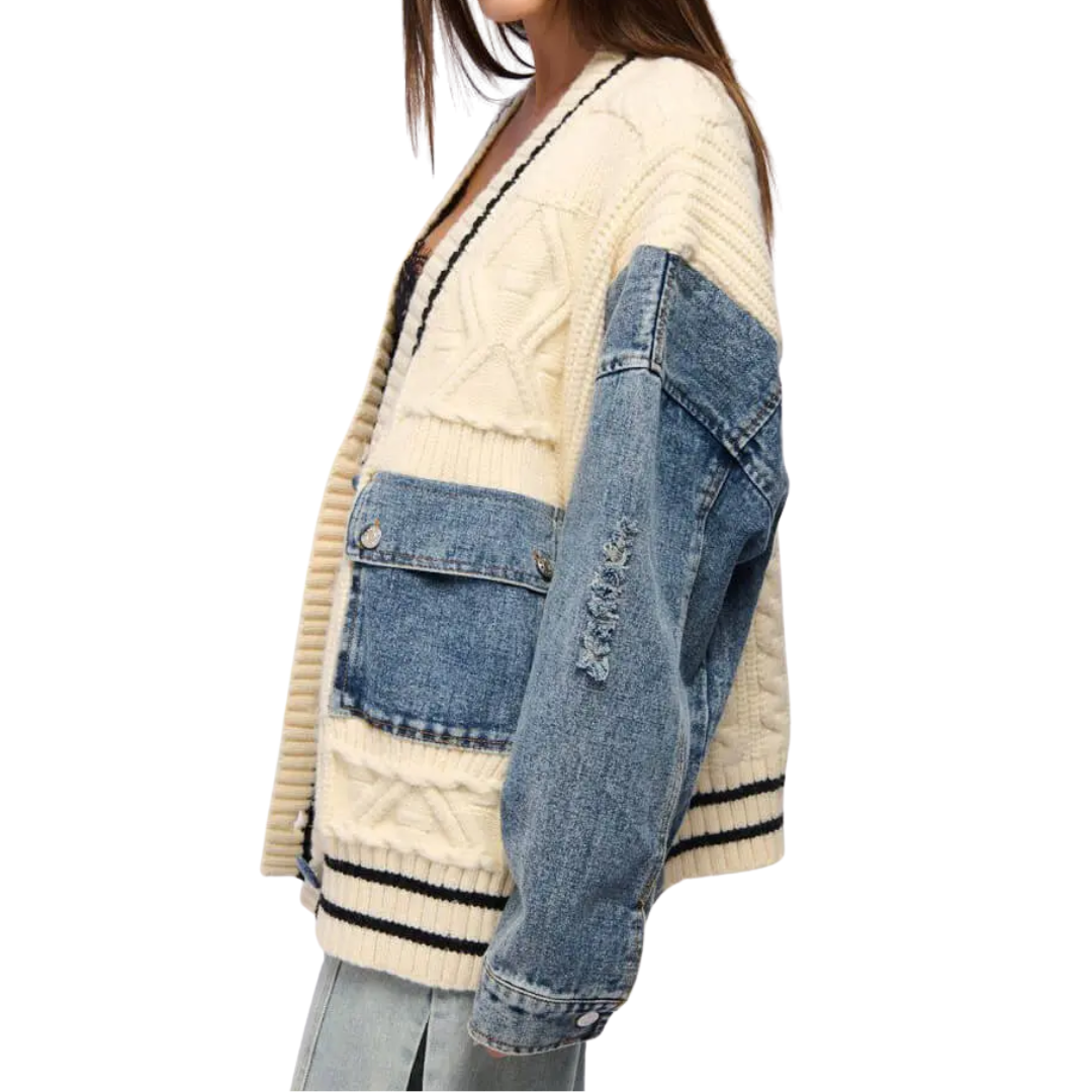Eloise – Luźny kardigan z dzianiny typu patchwork z denimu