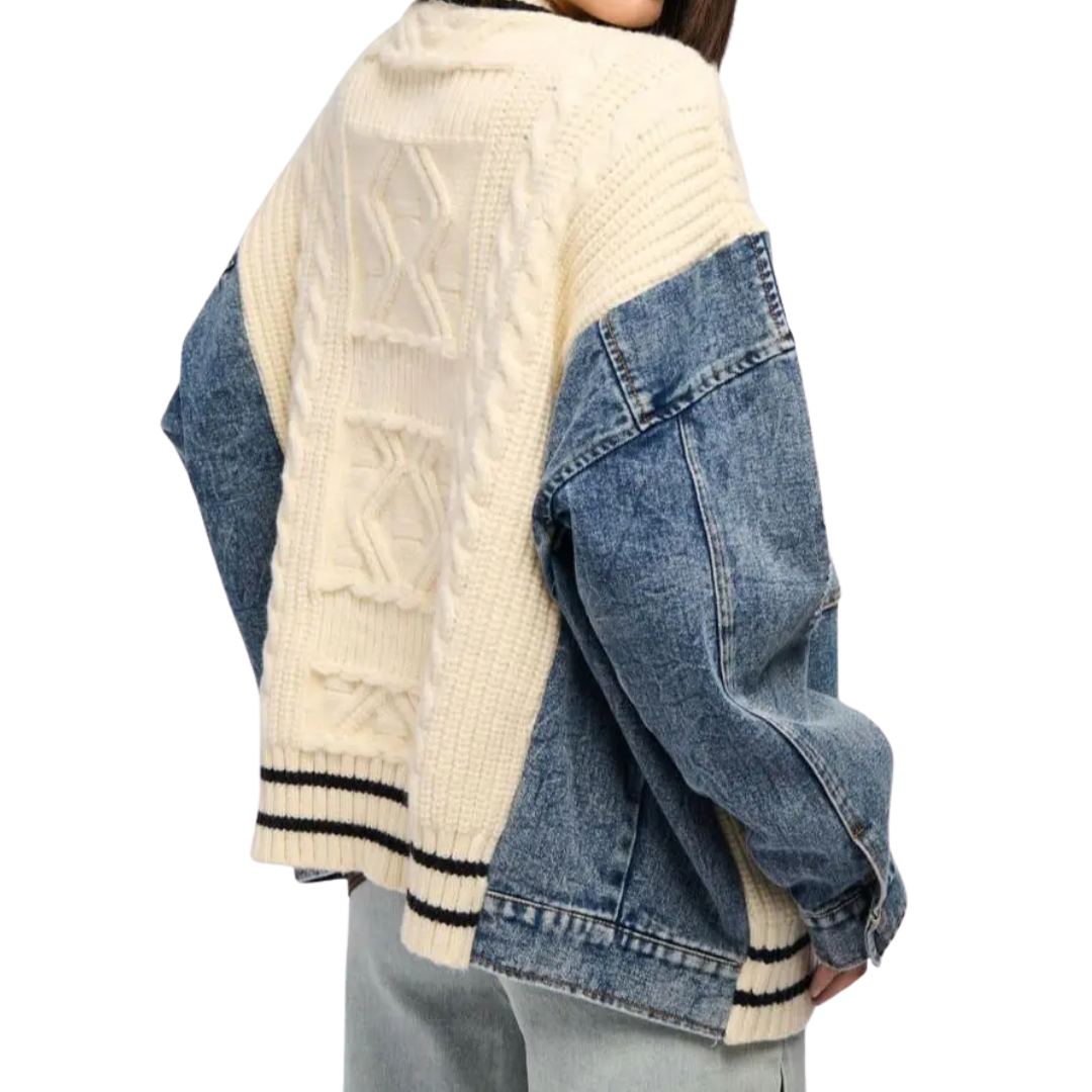 Eloise – Luźny kardigan z dzianiny typu patchwork z denimu