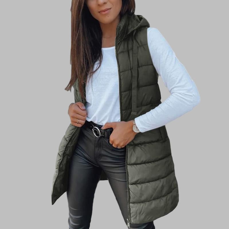 Zaira – Casualna długa kamizelka puchowa z kapturem