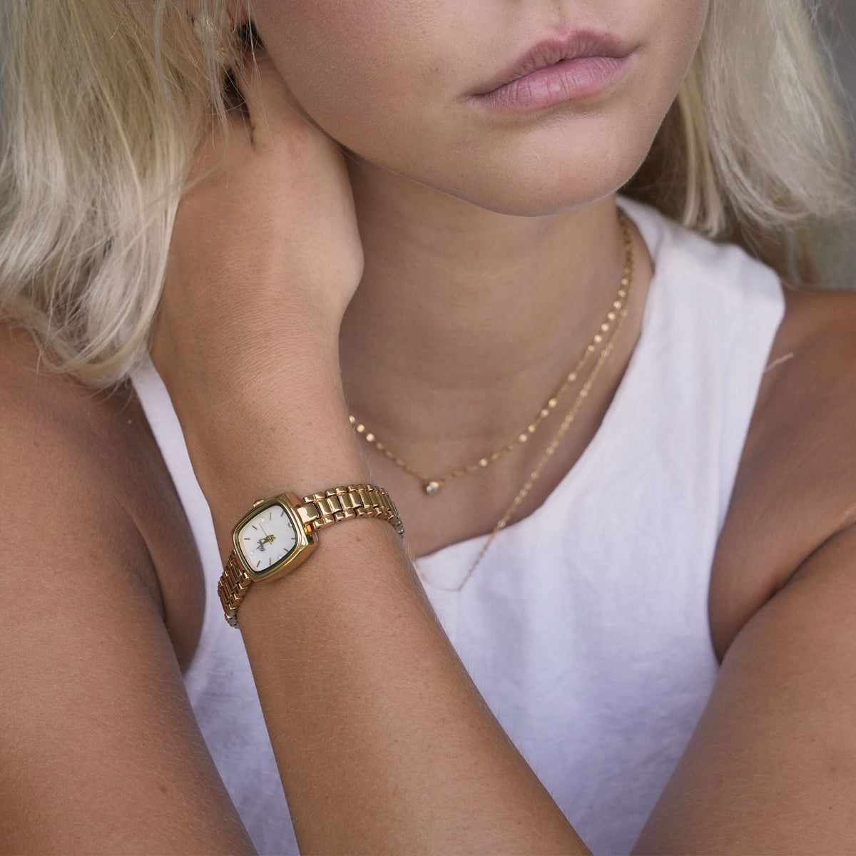 Elegant Women's Watch Gold Rectangular Design with Pearl White Dial