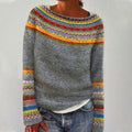 Eerika grey knit sweater with multicolour retro pattern
