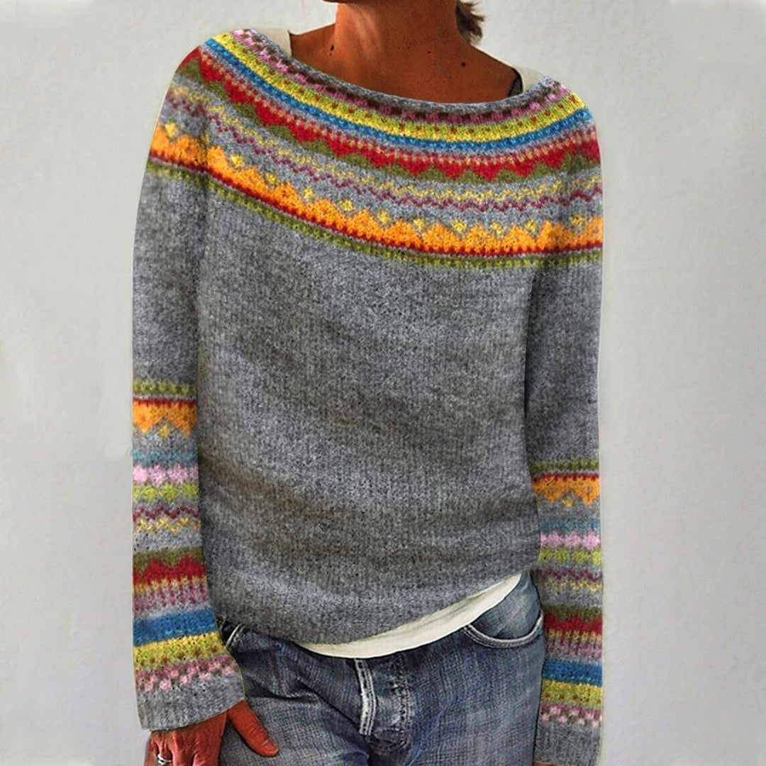 Eerika grey knit sweater with multicolour retro pattern