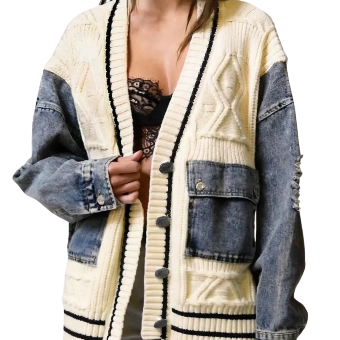 Eloise – Luźny kardigan z dzianiny typu patchwork z denimu