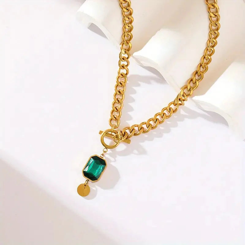 Chunky Chain Emerald Gold  Pendant Necklace