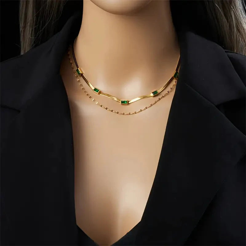 Sorella Gem Double-Layer Retro Gold Necklace